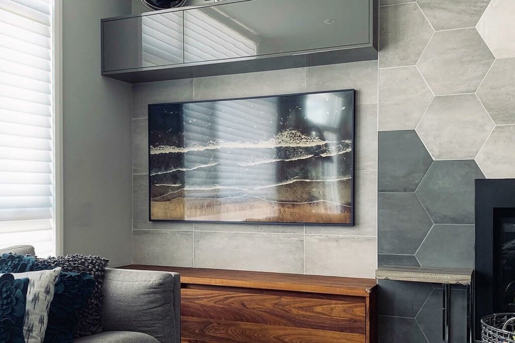 an art framed tv on a modern style home